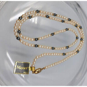 MONET Vintage Faux White & Black Pearl 27 in Necklace Jewelry Signed NWT